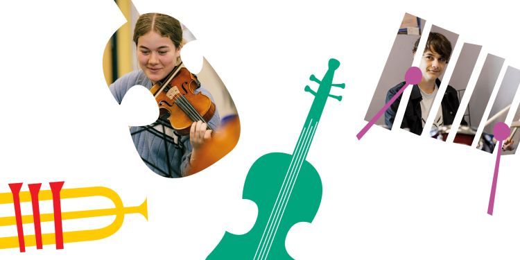 上左向右:一张照片 女孩拉小提琴 外形吉他一张男孩打鼓照片 由glockenspiel形状描述从左下角向右插图黄红角绿色小提琴插图