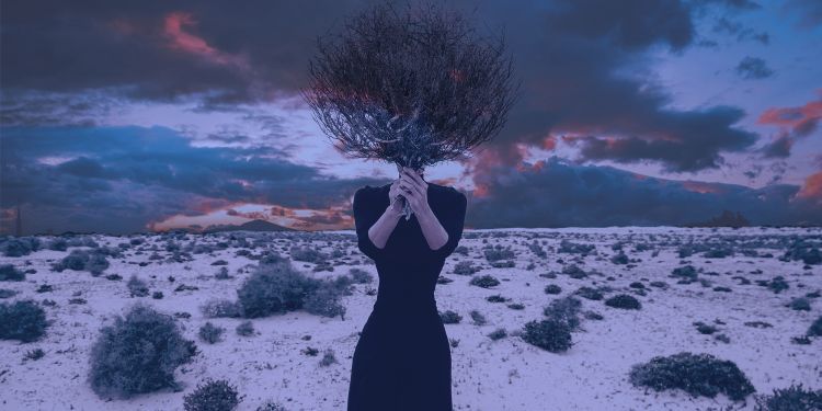 女人站在沙漠树枝覆盖她的脸
